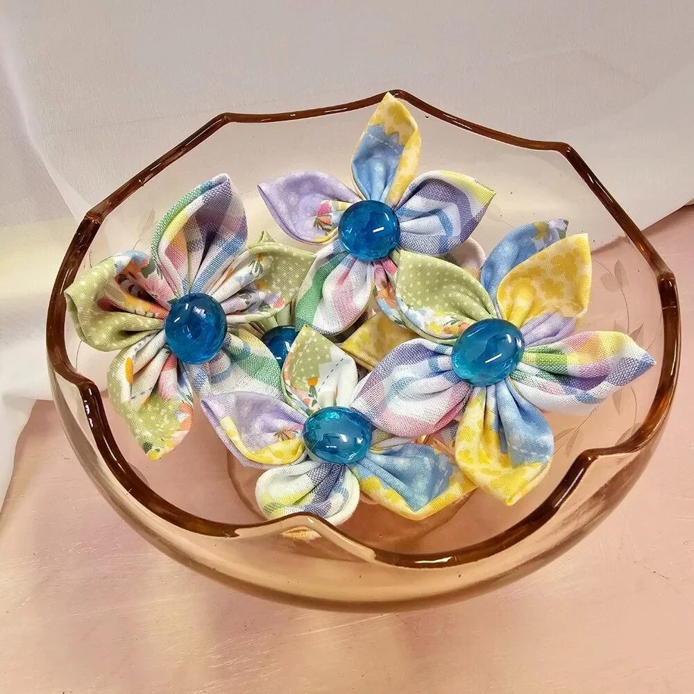 6pc Joyful Garden Fabric Flower Set, Bright & Colorful Pastels, Blue Centers